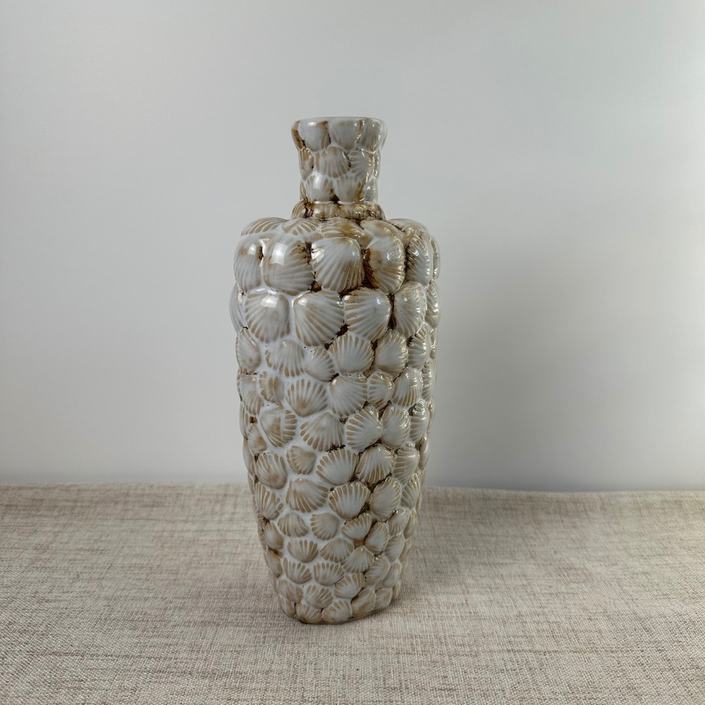 Sculptural Ceramic Scallop Shell Vase | Textured Seashell Bottle Vase